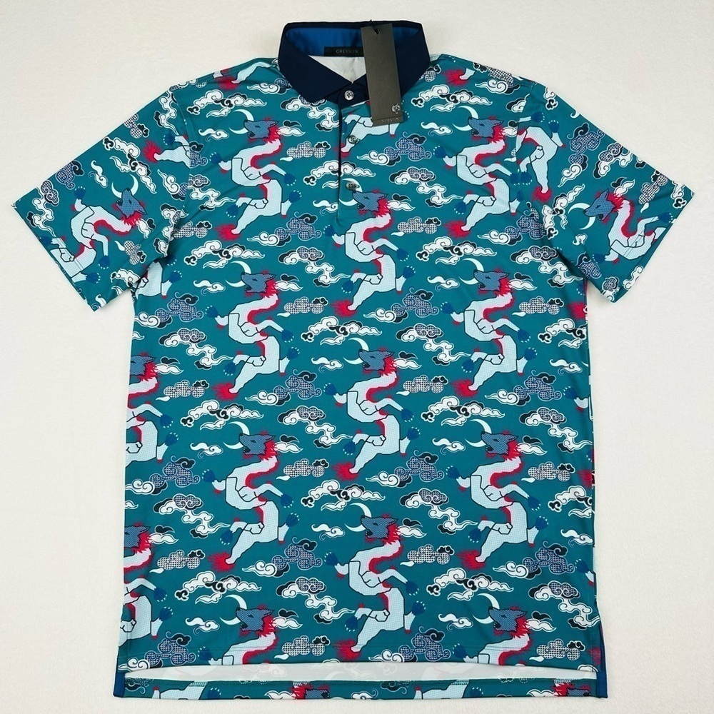 Greyson Men’s Medium Wolf Slayer Jungle Green Golf Polo, Allover Wolf Print
